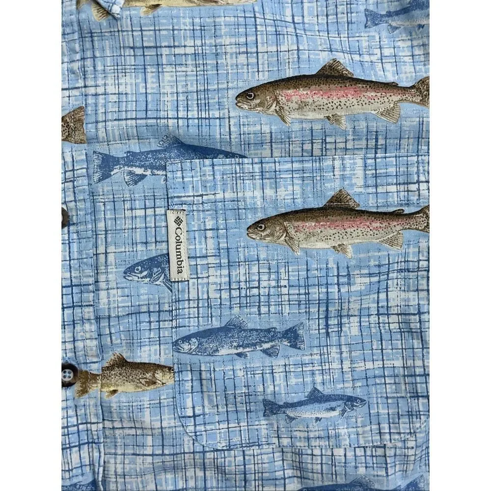 Columbia River Lodge Trout Fish Print Cotton Fishing Shirt Men’s L